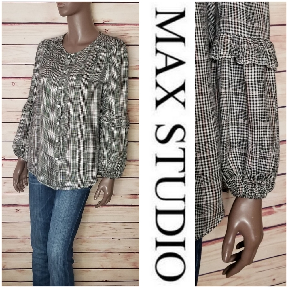 MAX STUDIO Plaid Ruffle Sleeve Blouse